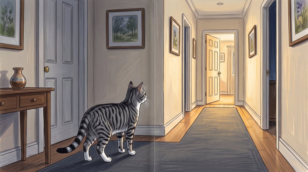 Painted storybook spread of the silver tabby standing in a lamplit hallway, looking towards an open door at the far end