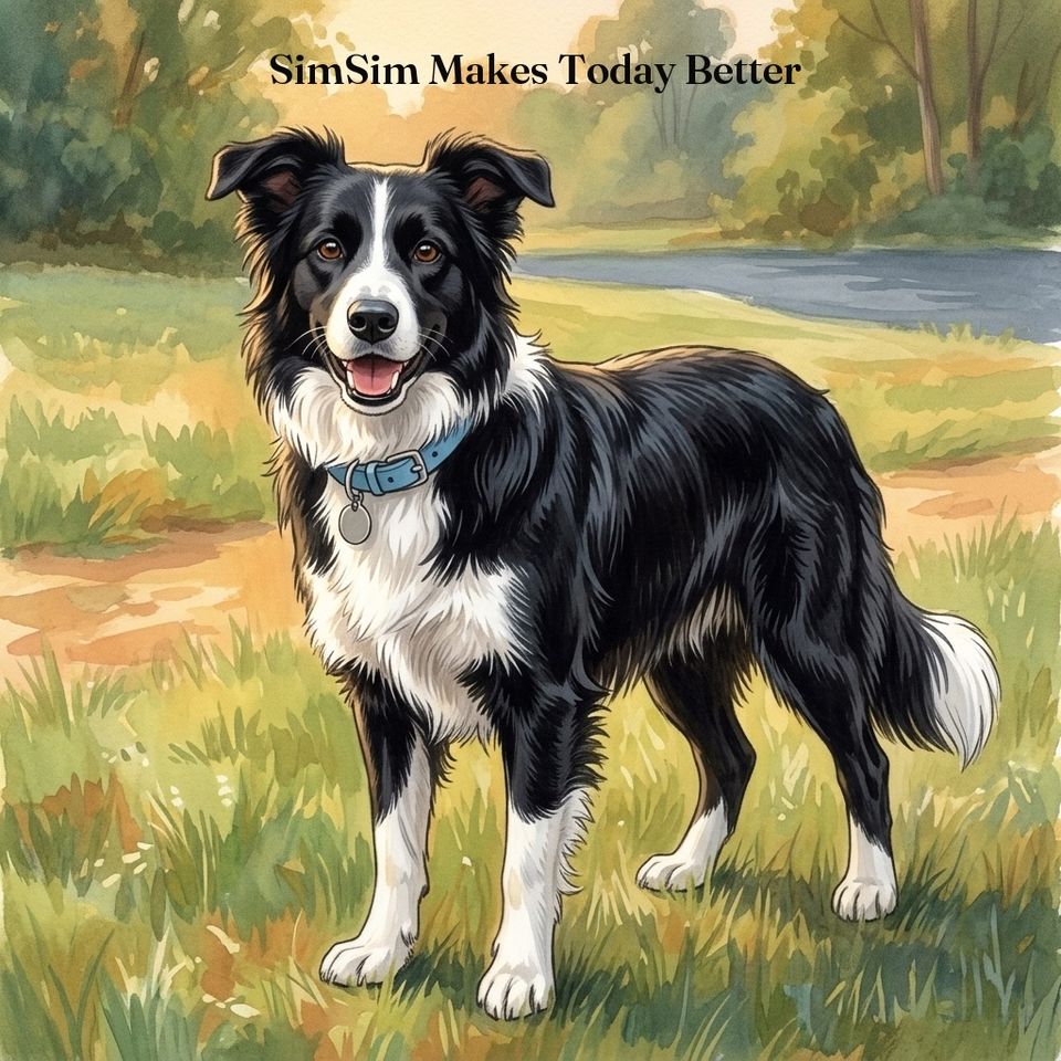 Real book cover from a finished order: a painted black and white collie standing by a river, with the book's title typeset above