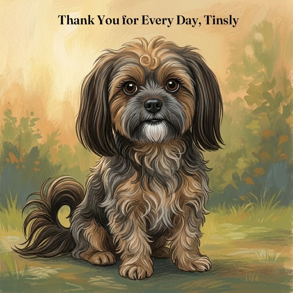 Real book cover from a finished order: a painted shaggy tan and grey dog sitting in evening light, with the book's title typeset above