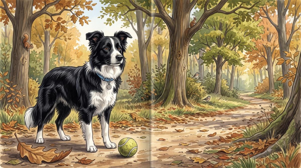 Painted storybook page: the same shaggy tan and grey dog walking through autumn woodland