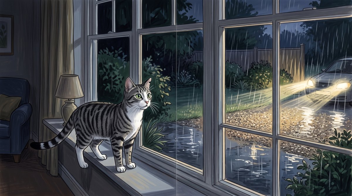 Painted storybook spread of a silver tabby cat on a windowsill at night, watching rain and headlights on the wet road outside