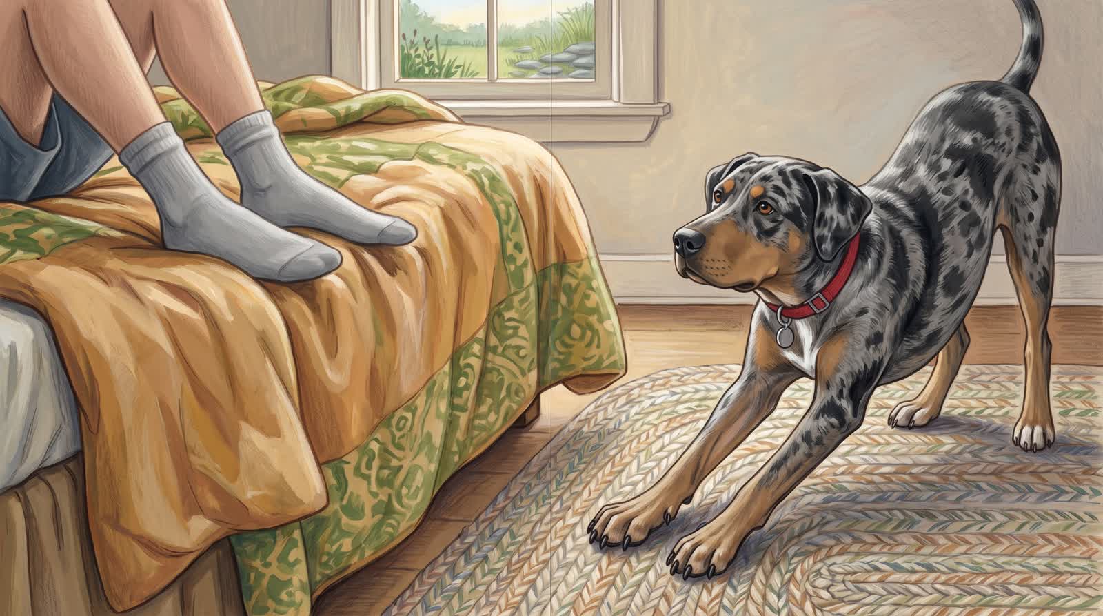 A page from a finished storybook: a grey merle hound in a red collar stretching on a bedroom rug at the foot of the bed