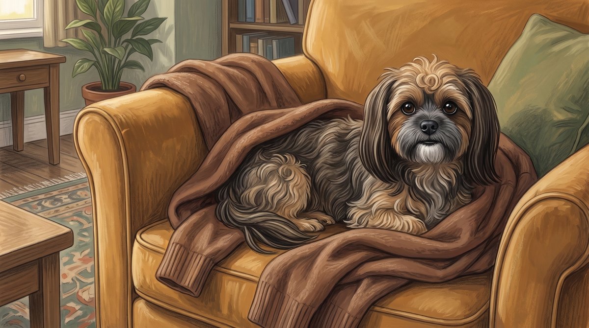 Painted storybook page: a shaggy tan and grey dog resting on a folded blanket in a sunlit armchair