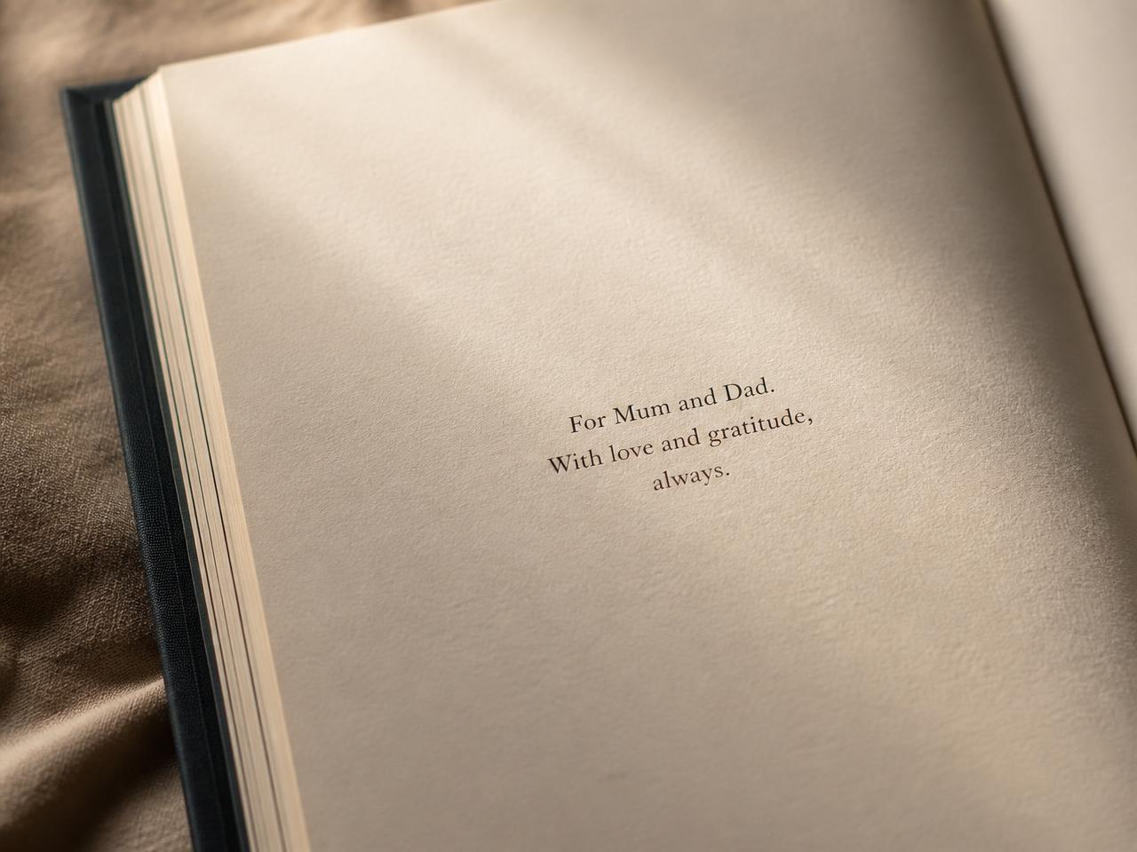 Close-up of the dedication page of a sample hardcover storybook, printed on cream matte paper in warm side light