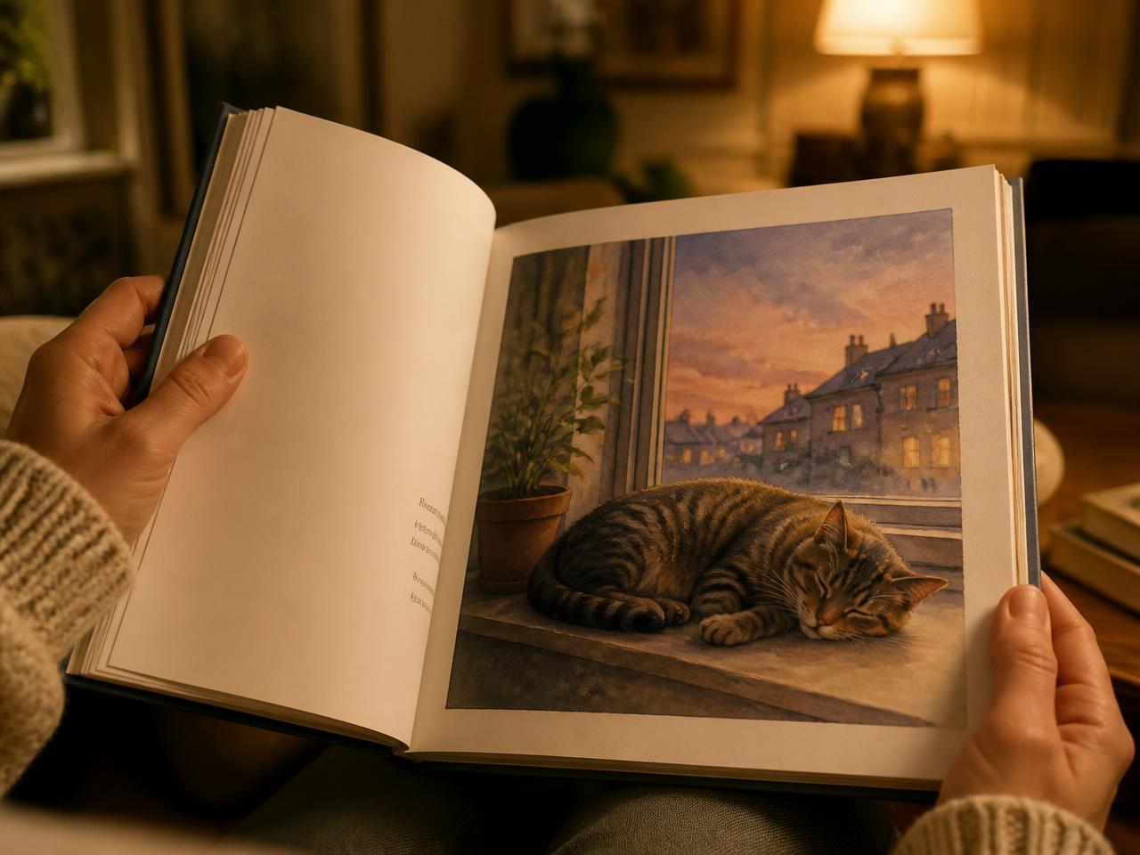 Hands holding a sample pet storybook open under warm lamplight, showing an illustration of a tabby cat asleep on a windowsill at dusk