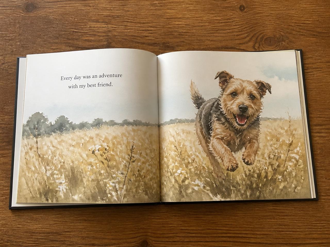Sample hardcover storybook lying open on a wooden table, showing a watercolour illustration of a terrier running through a golden field
